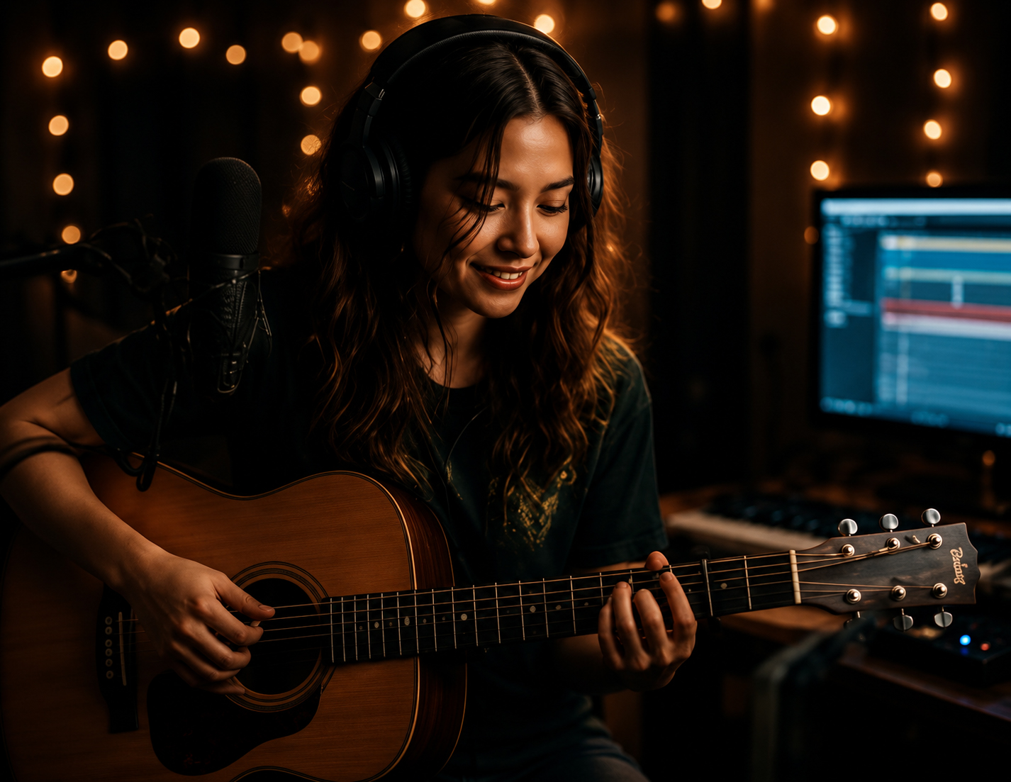 Songwriter playing guitar while developing an original song